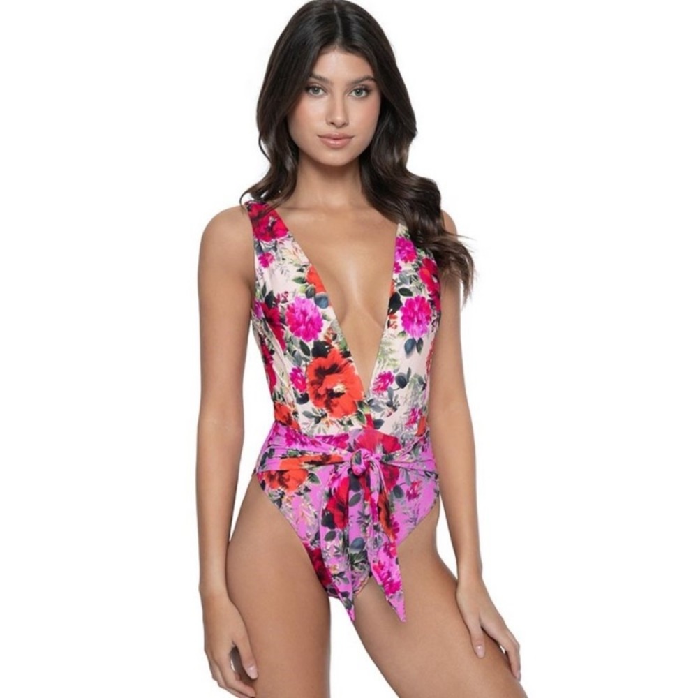 PQ Swim Floral Plunge One-Piece Swimsuit in Pink and Red